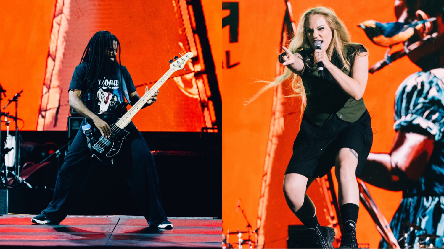 Chaene da Gama, do Black Pantera, e a vocalista da Nervosa, cada um em metade da imagem